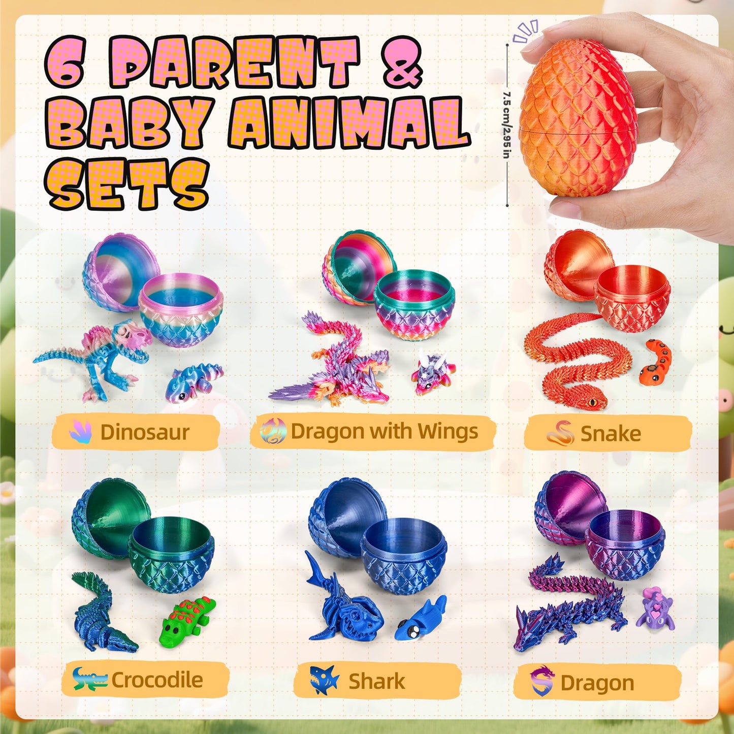 TBOLINE 12Pcs Parent-Child 3D Dragon Egg Toys — 6 Sets with Mini Inside Animals