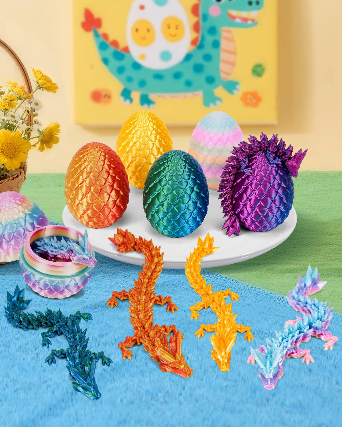 TBOLINE 6 Pack Dragon Eggs – Flexible Articulated Dragon Inside, 3D Printed Surprise Egg Toy