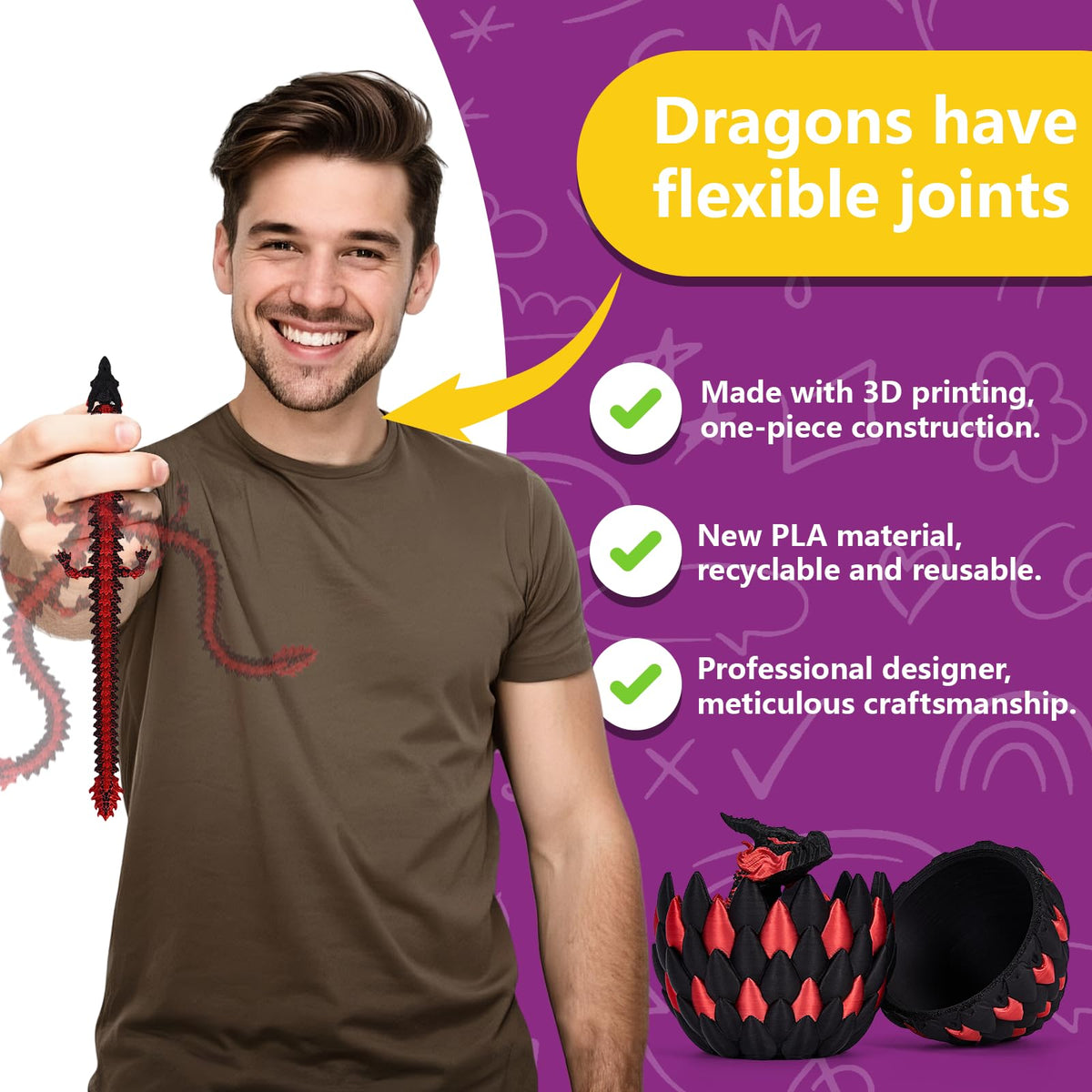 TBOLINE 3D Printed Dragon Eggs with Articulated Dragon Inside | Easter Gifts & Desk Toys