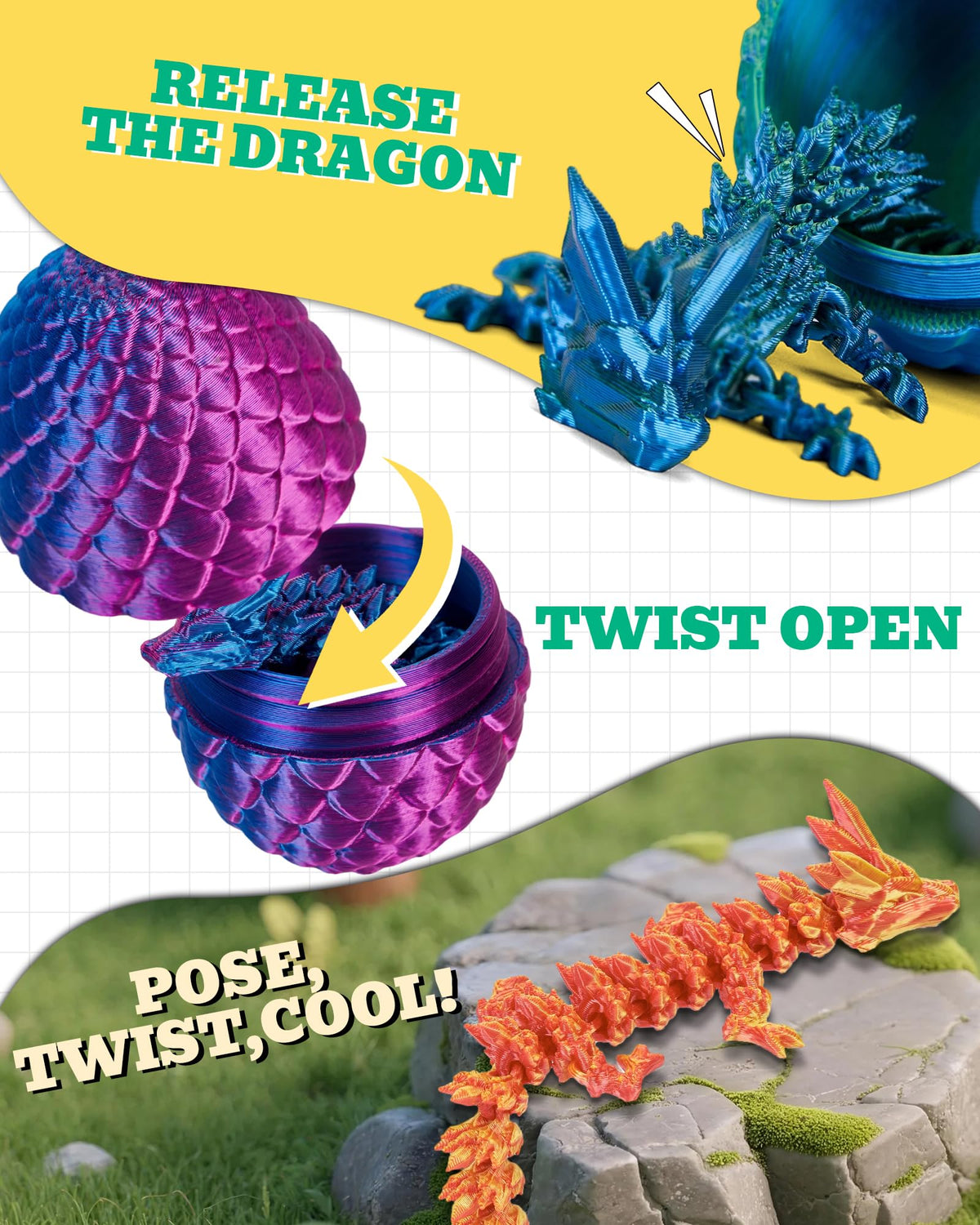 TBOLINE 6 Pack Dragon Eggs – Flexible Articulated Dragon Inside, 3D Printed Surprise Egg Toy