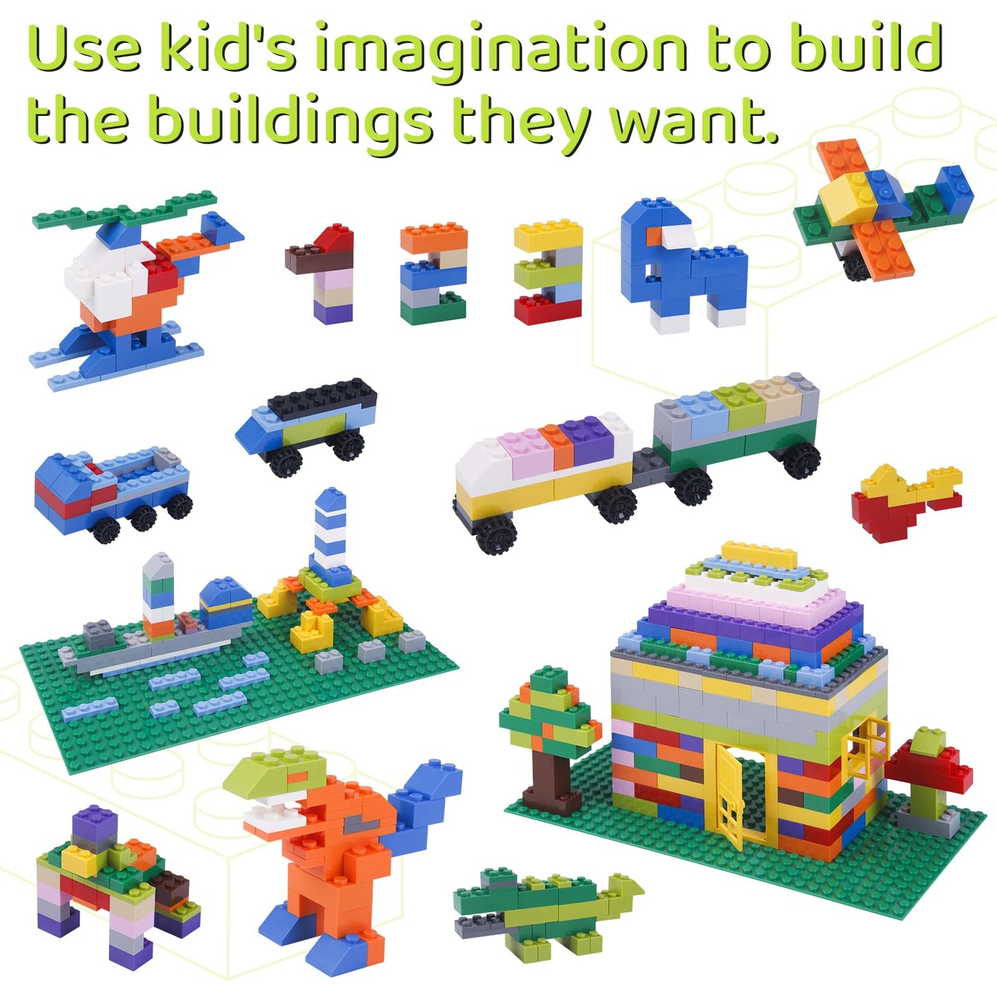 Tcamgoi 1100 Pieces Building Bricks – Compatible with Lego Classic, Baseplates, Doors, Windows & Wheels