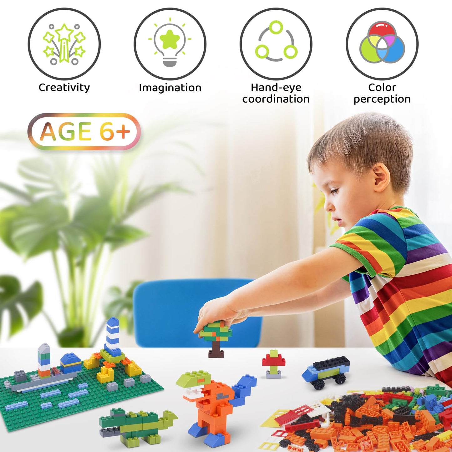 Tcamgoi 1100 Pieces Building Bricks – Compatible with Lego Classic, Baseplates, Doors, Windows & Wheels