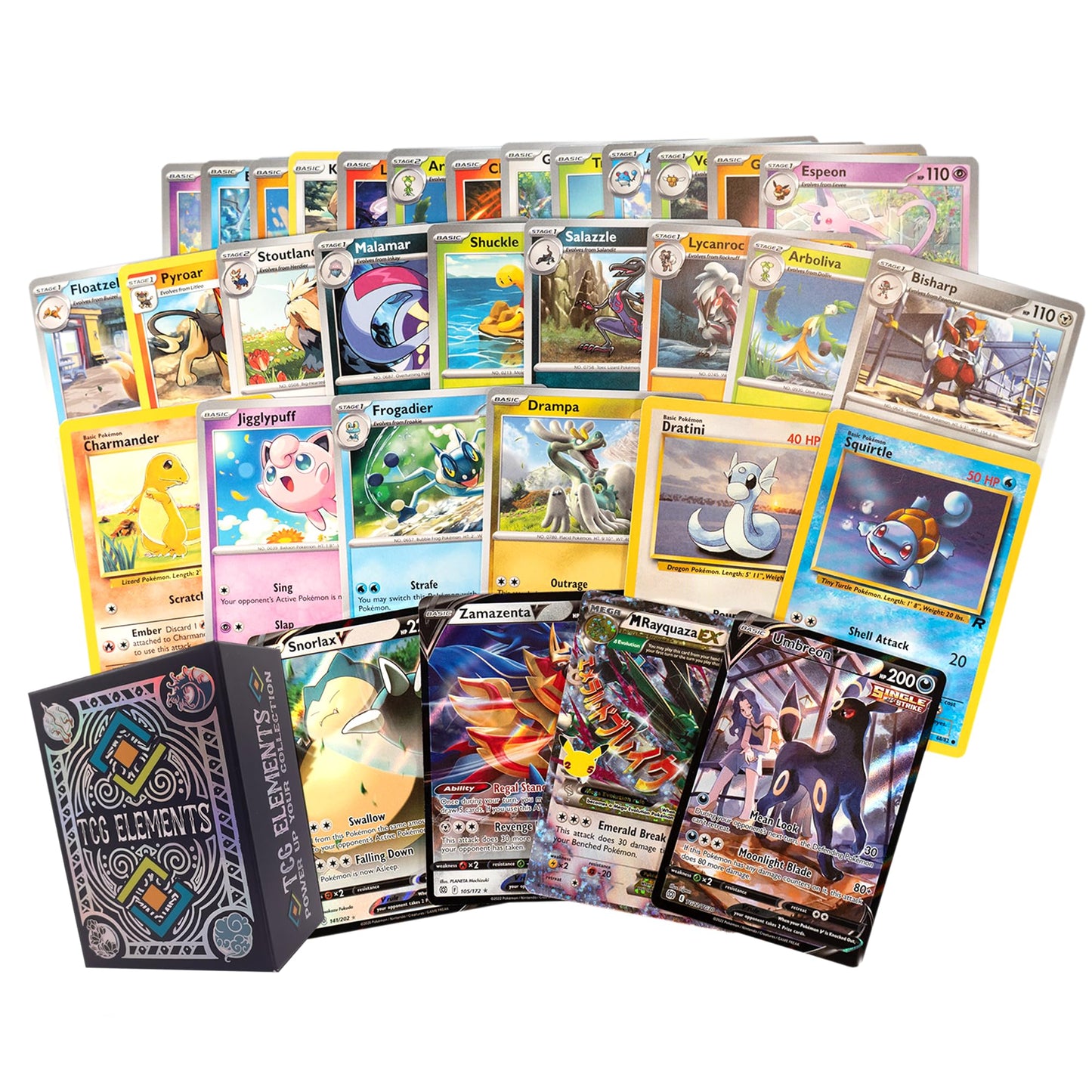 TCG Elements Poke TCG Bundle — 100 Cards, 2 Legendary Cards, Foils, and Deck Box