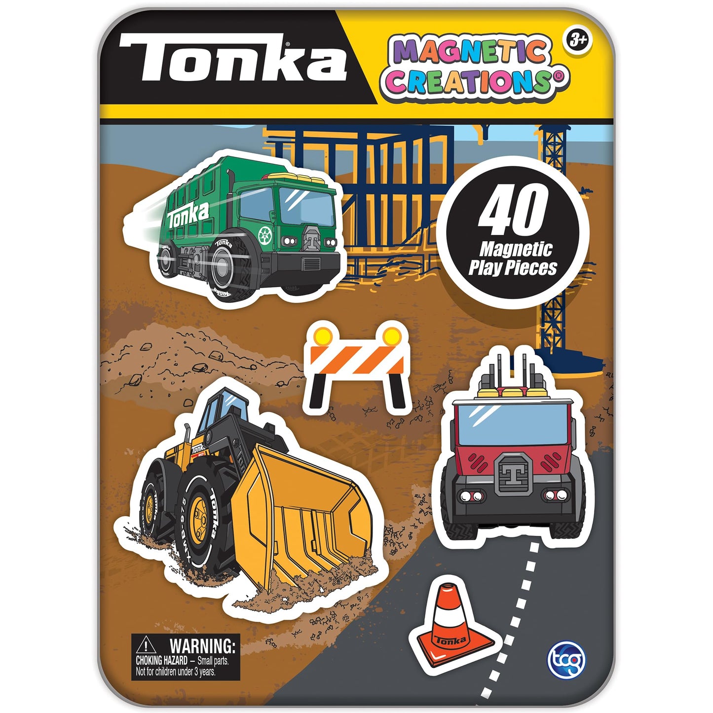 TCG Toys Tonka Magnetic Creations Tin – 40 Magnetic Pieces, Dual Play Space & Storage, Ages 3+