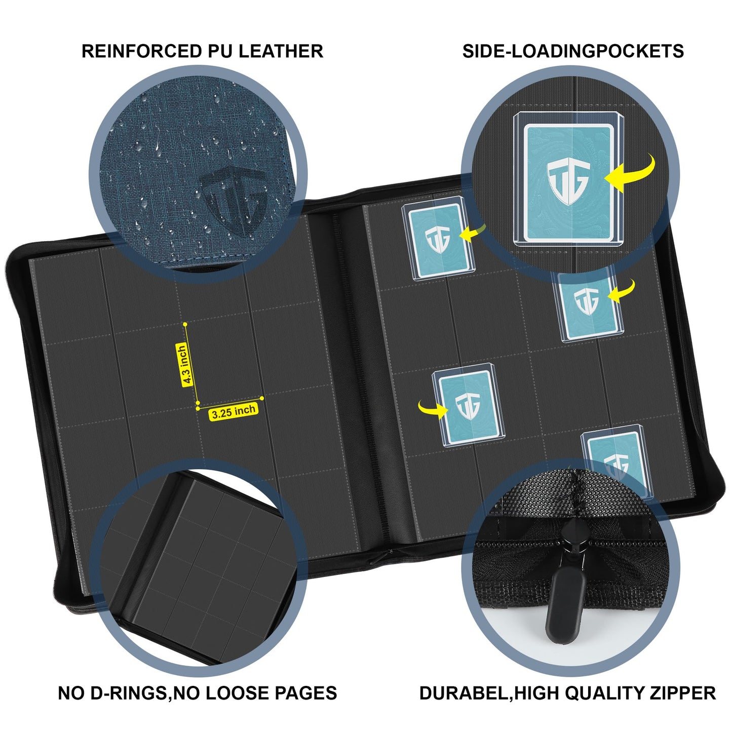 TCGUARD 16-Pocket Toploader Binder | Holds 640 3x4 Toploaders | 20 Double-Sided Pages | Dark Blue