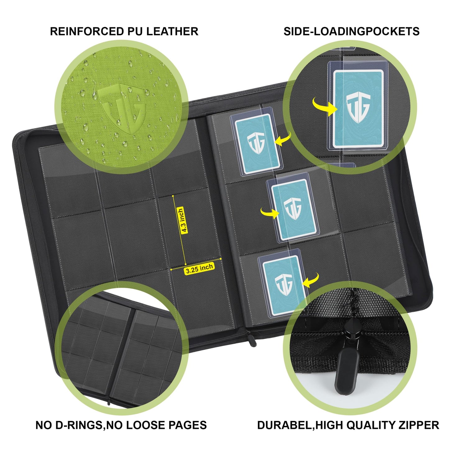 TCGUARD Toploader Binder – 216-Card Capacity, 9-Pocket 3x4 Toploaders, Green
