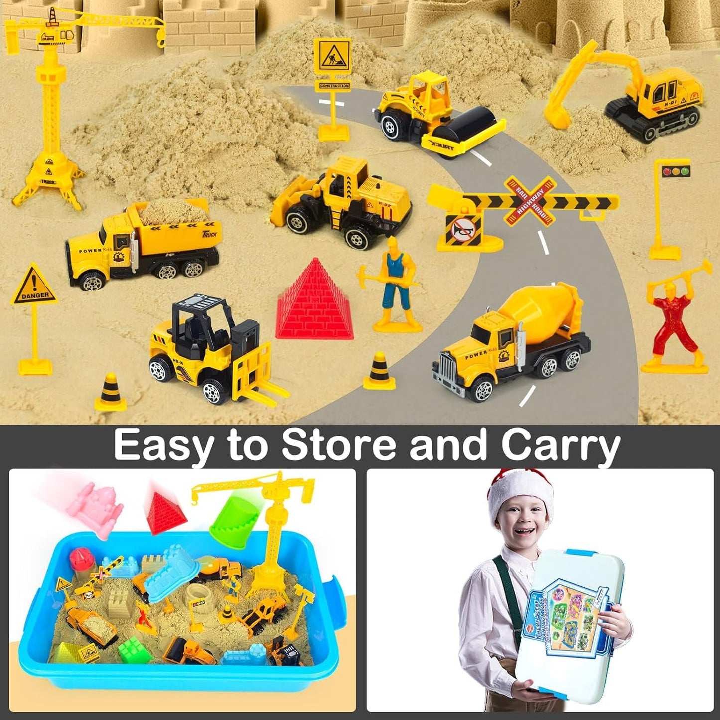 Tcvents Sensory Bin Toys — Alloy Construction Trucks & 2.2lbs Magic Sand Sandbox Set for Kids 3-9