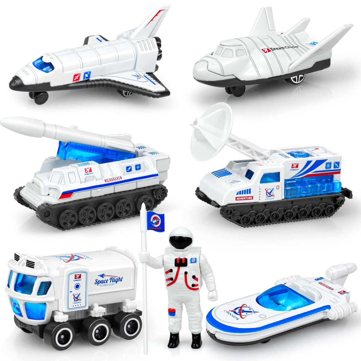 Tcvents 7PCS Diecast Space Toys with Astronaut Figure – 1:64 Scale Rocket & Shuttle Playset