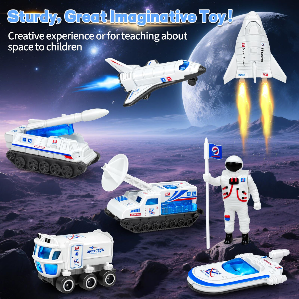 Tcvents 7PCS Diecast Space Toys with Astronaut Figure – 1:64 Scale Rocket & Shuttle Playset