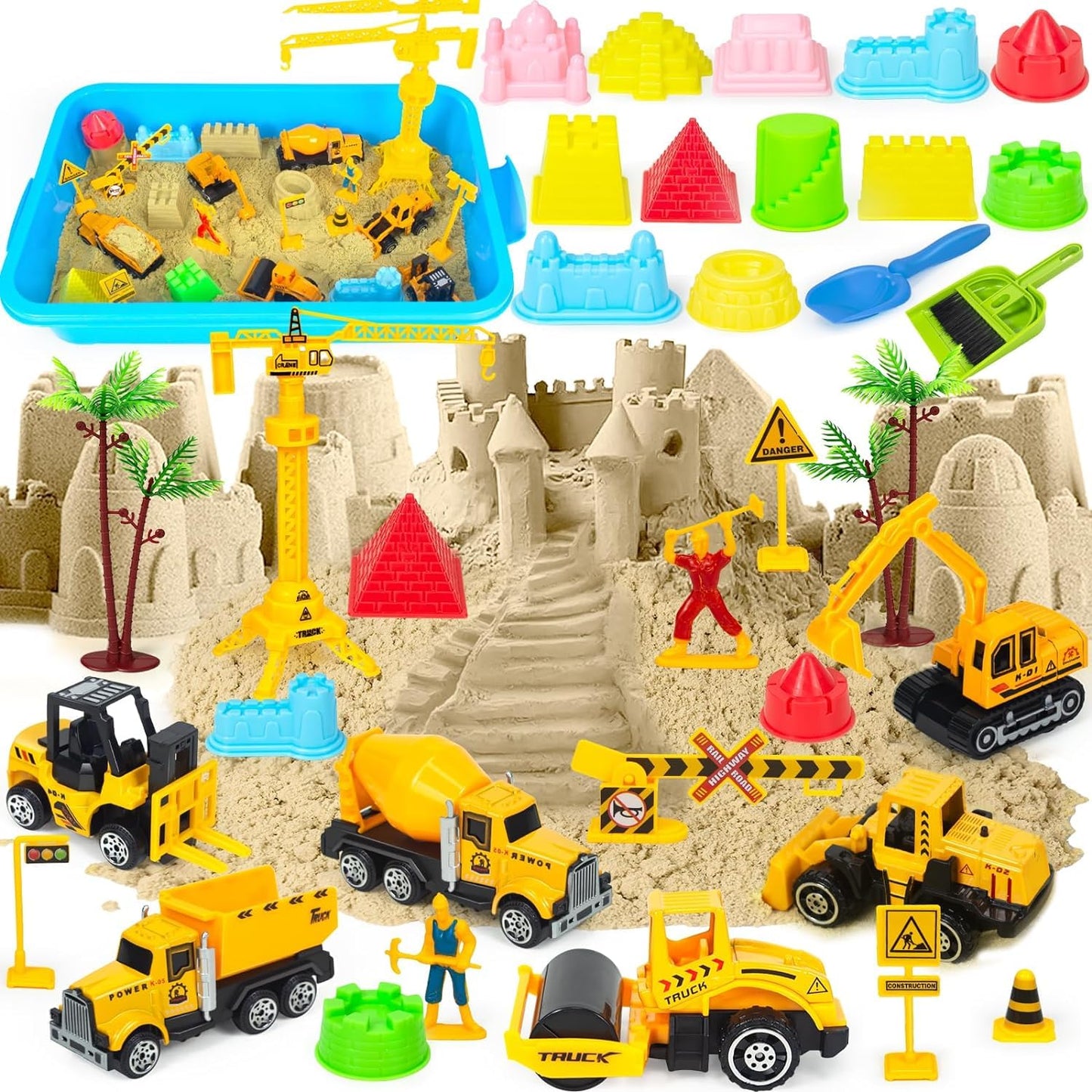 Tcvents Sensory Bin Toys — Alloy Construction Trucks & 2.2lbs Magic Sand Sandbox Set for Kids 3-9