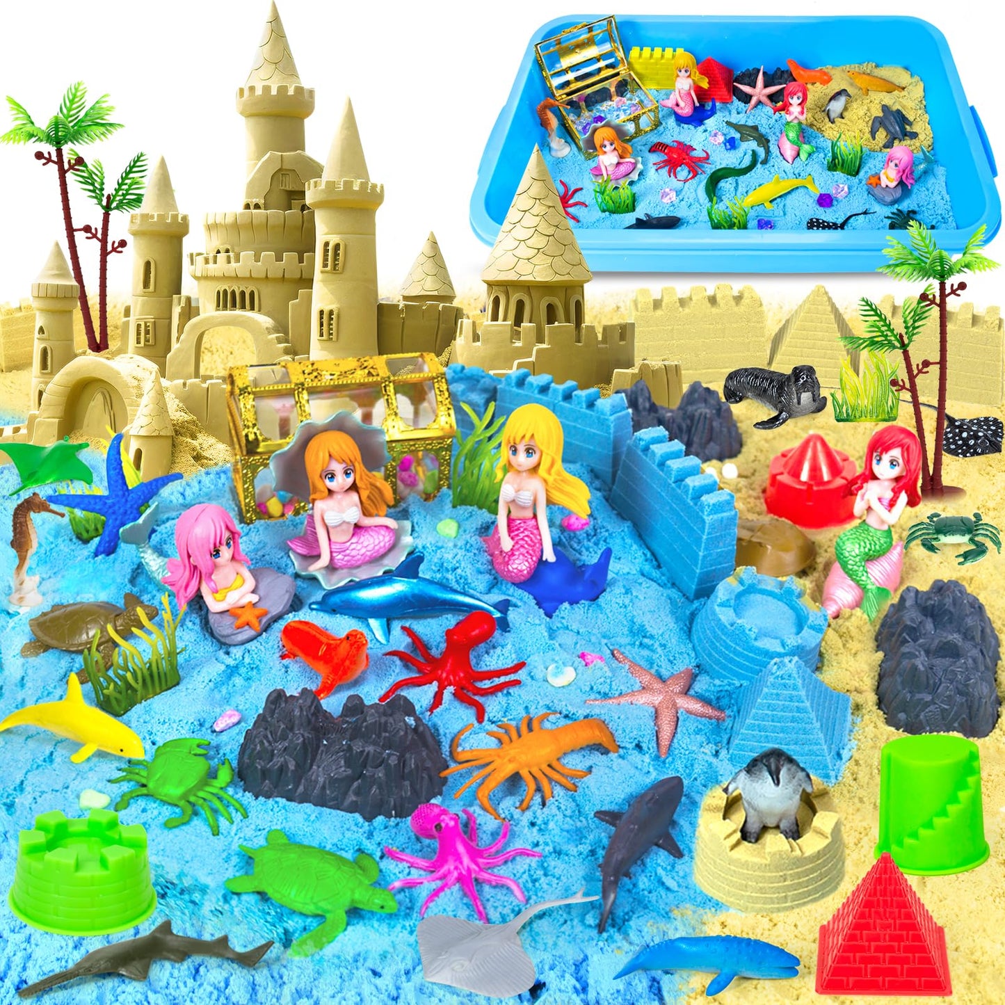 Tcvents Mermaid Sensory Bin Kit – 57-Pcs Ocean Sandbox with Lid (Ages 3–9)