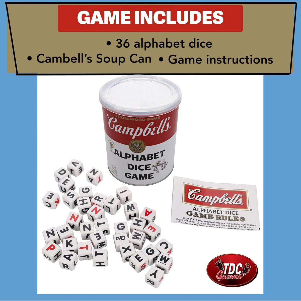 Campbell's Alphabet Dice Game by TDC Games – Portable Dice for Travel & Family Nights