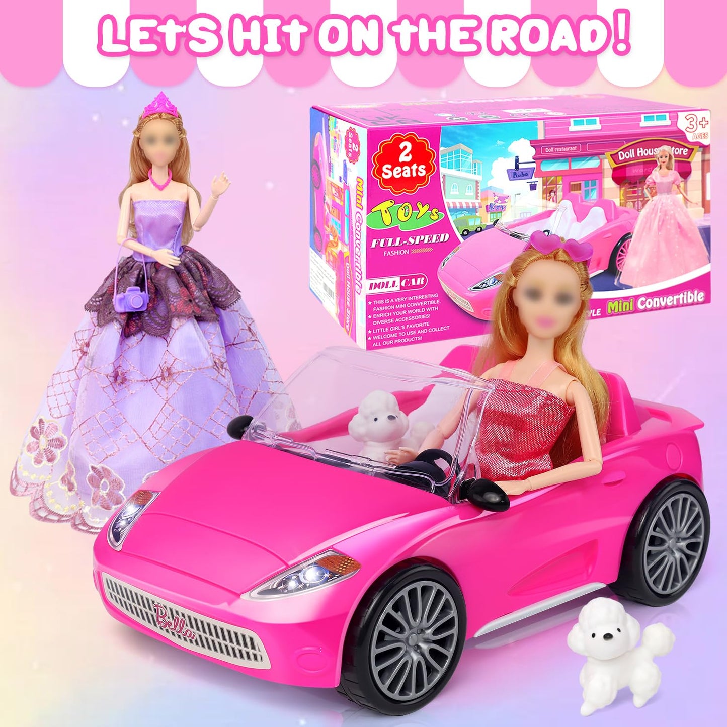 TDDS9 Rose Convertible Doll Car Playset – 78 Pcs for 11.5in Dolls