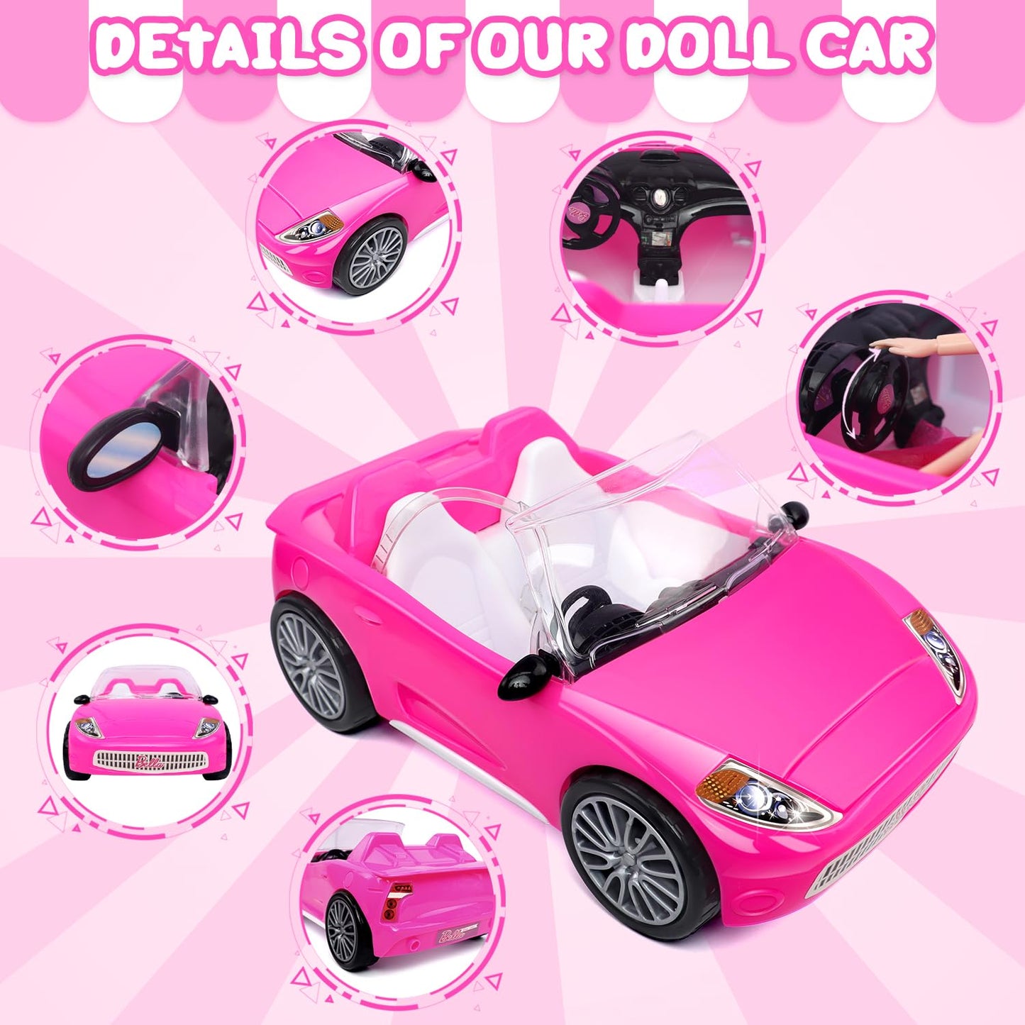 TDDS9 Rose Convertible Doll Car Playset – 78 Pcs for 11.5in Dolls