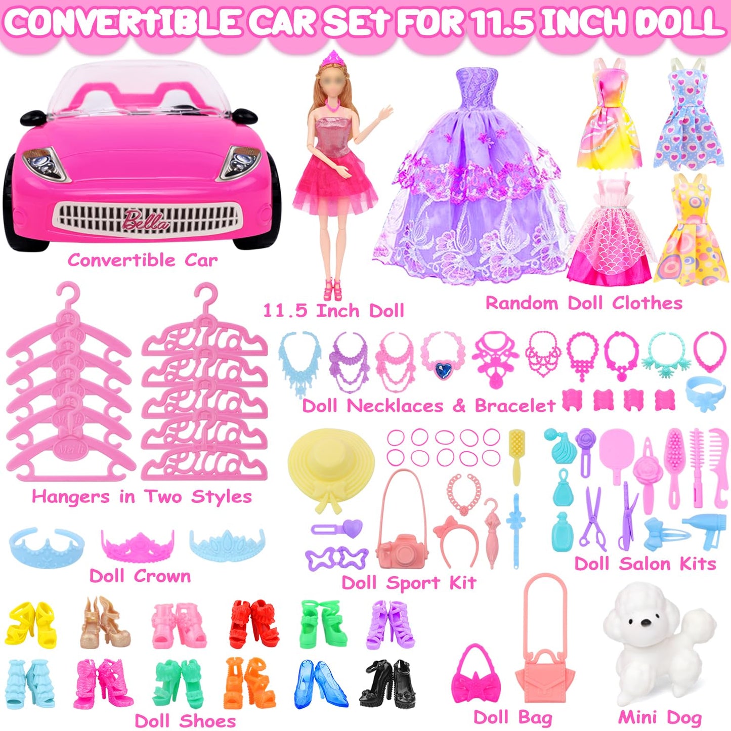 TDDS9 Rose Convertible Doll Car Playset – 78 Pcs for 11.5in Dolls