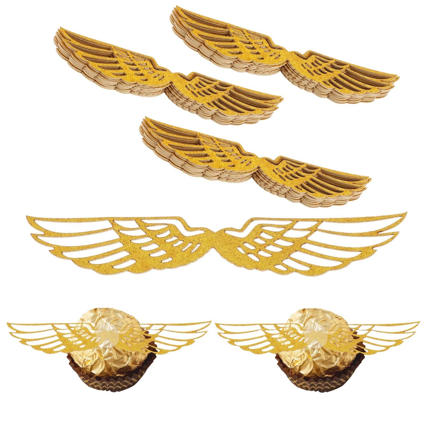 Teaaha Gold Wings Chocolate Decorations – 50 Wizard Party Cupcake Toppers + Glue Points