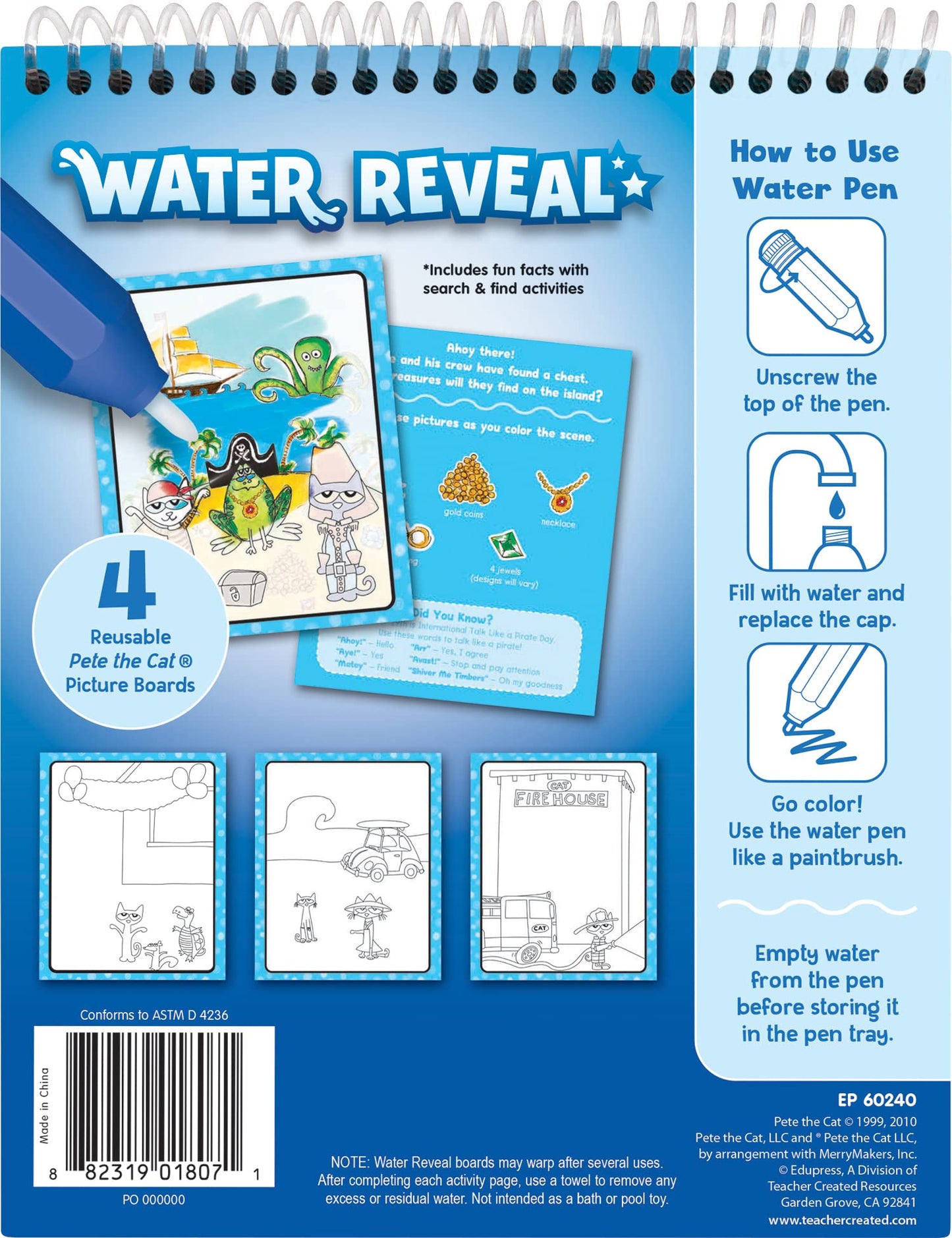 Teacher Created Resources Pete the Cat Water Reveal EP60240 – Mess-Free Color Activity Boards