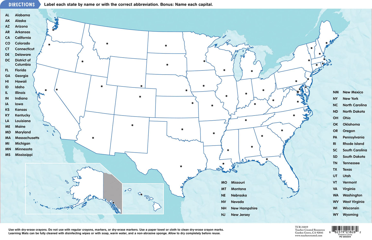Teacher Created Resources USA Map Learning Mat – Write-On/Wipe-Off Geography & Skills