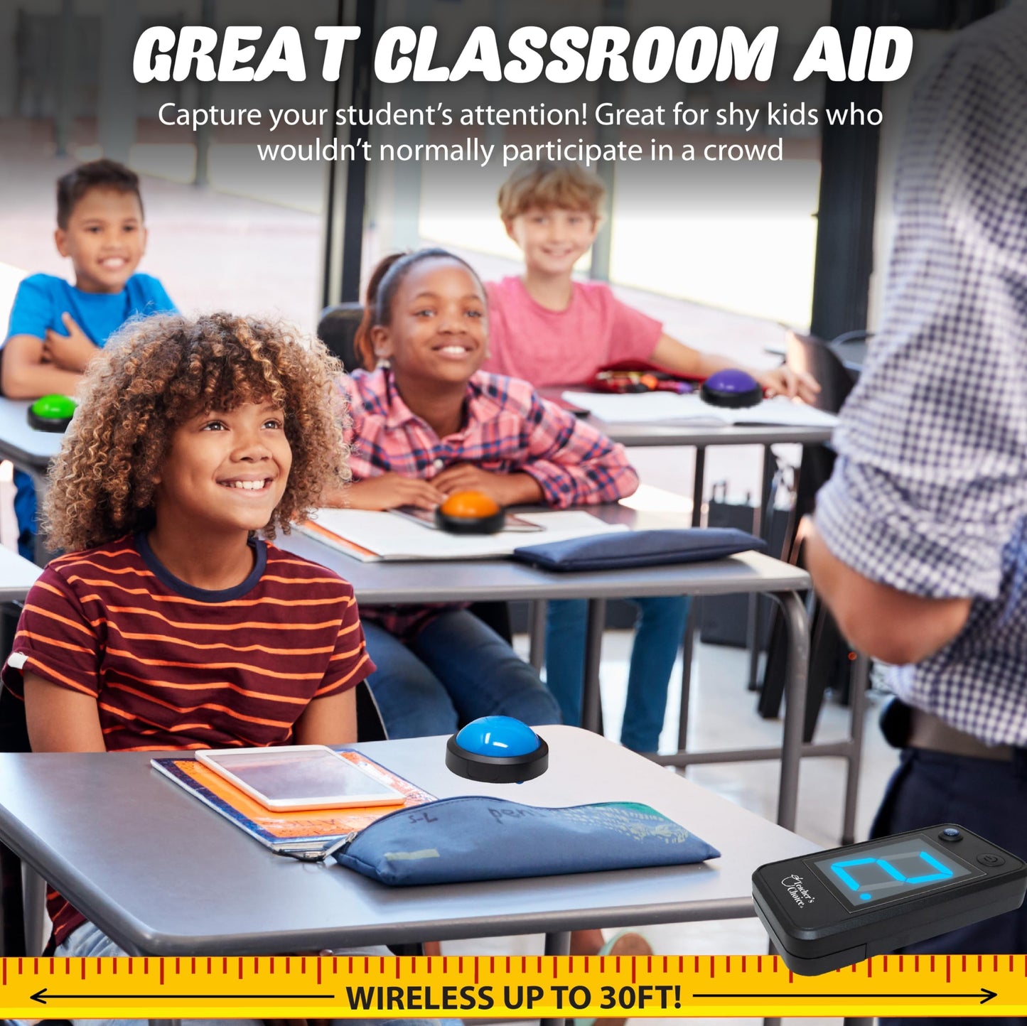 Teacher's Choice Wireless 4-Player Buzzer System – First Buzz Display, Lights & Sounds