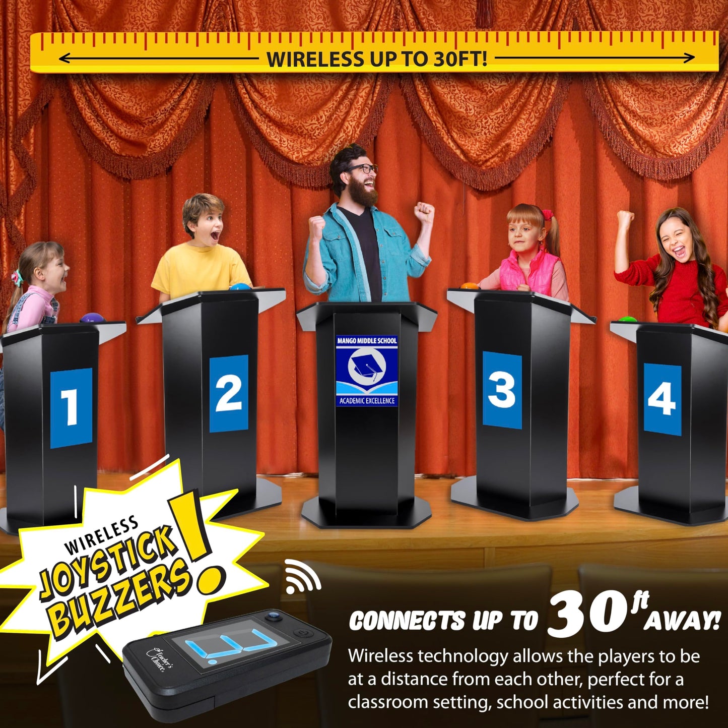 Teacher's Choice Wireless 4-Player Buzzer System – First Buzz Display, Lights & Sounds