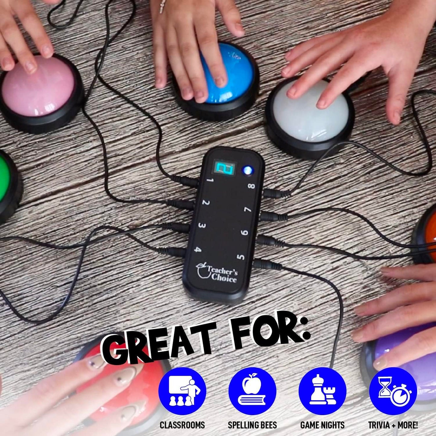 Teacher's Choice Light Up Game Buzzer System – 8 Pack for Trivia, Jeopardy & Family Feud