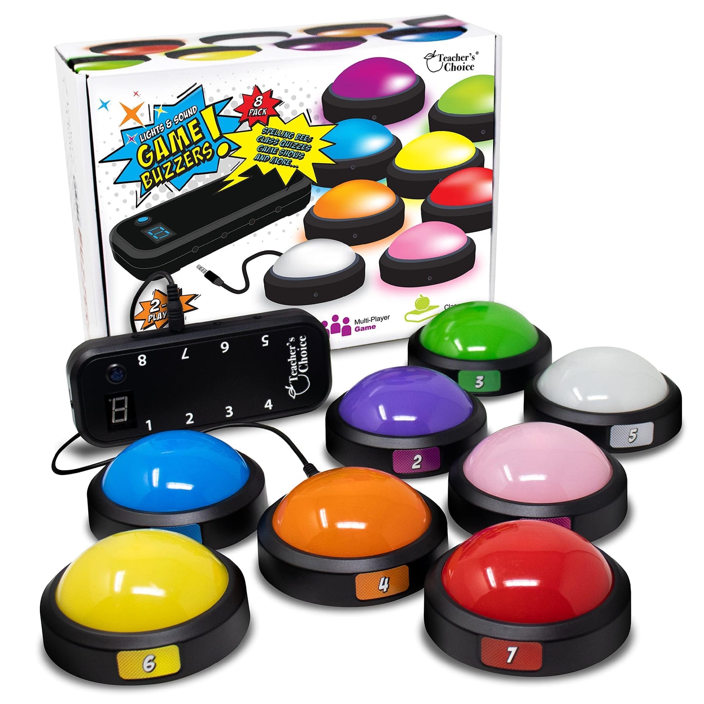 Teacher's Choice Light Up Game Buzzer System – 8 Pack for Trivia, Jeopardy & Family Feud