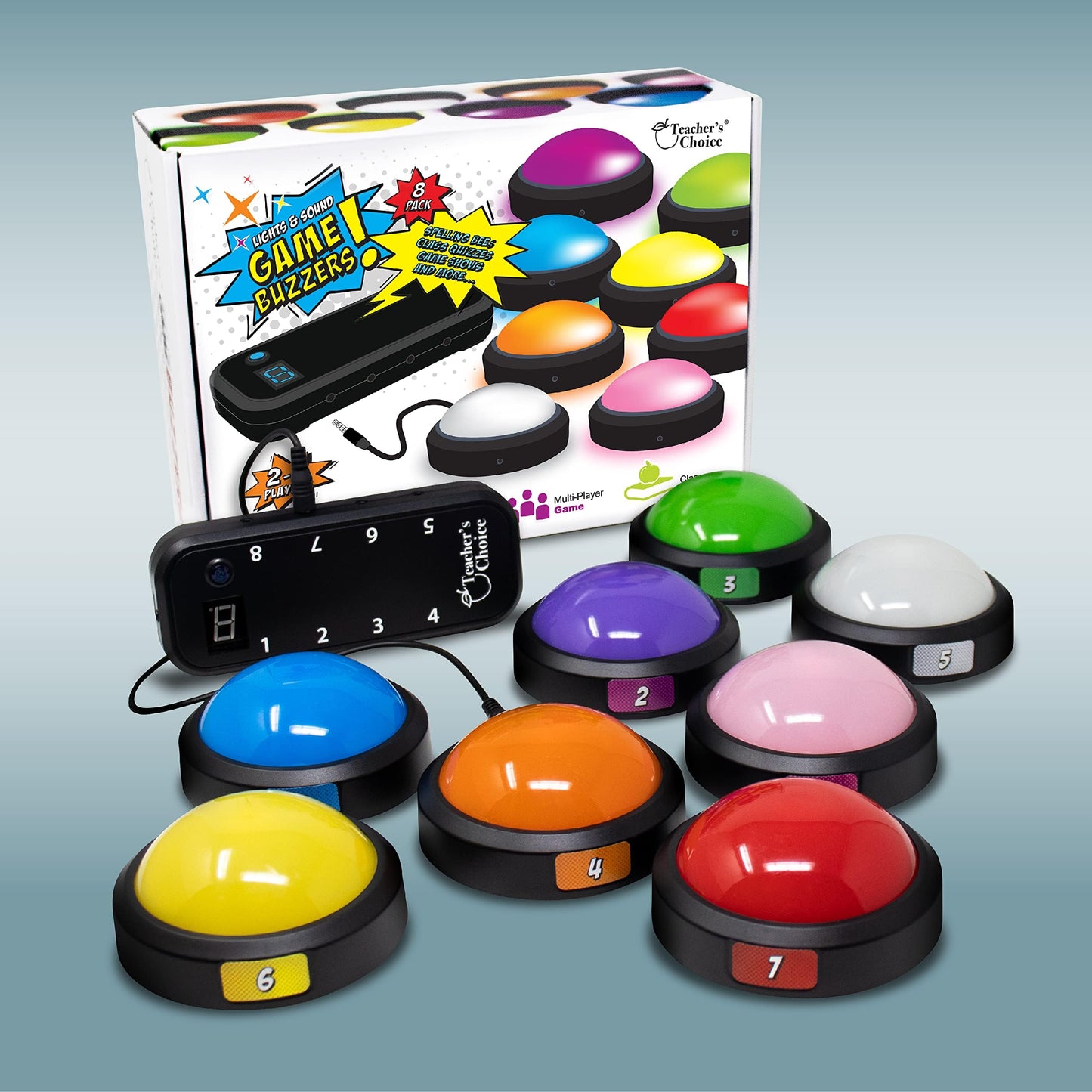 Teacher's Choice Light Up Game Buzzer System – 8 Pack for Trivia, Jeopardy & Family Feud