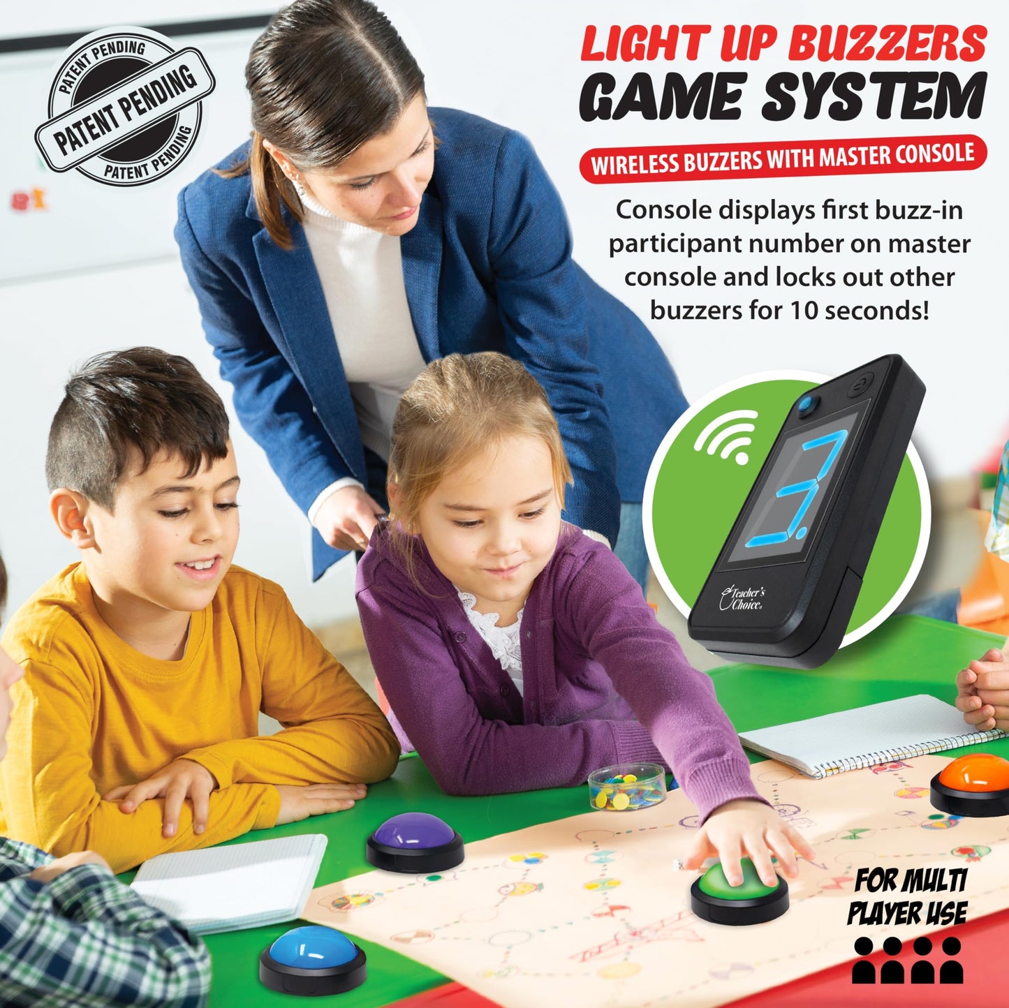 Teacher's Choice Wireless 4-Player Buzzer System – First Buzz Display, Lights & Sounds