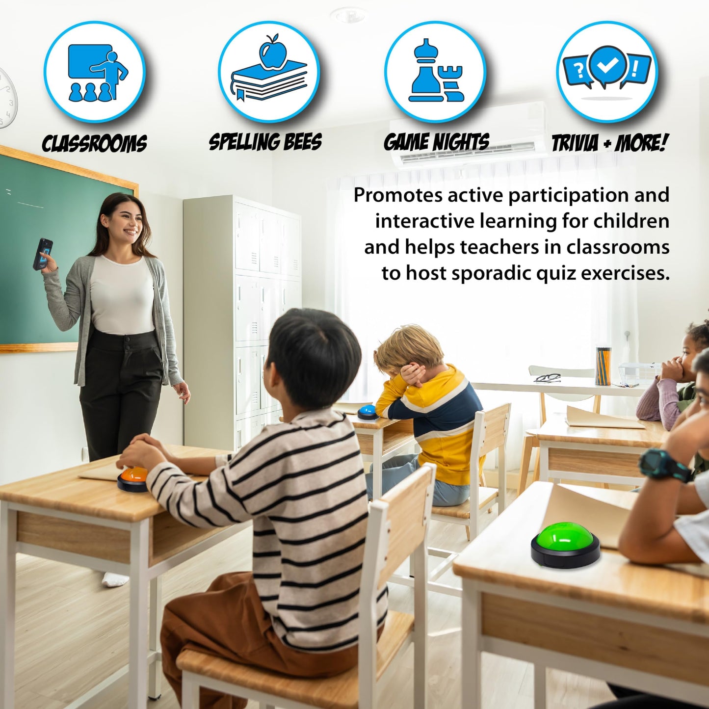 Teacher's Choice Wireless 4-Player Buzzer System – First Buzz Display, Lights & Sounds