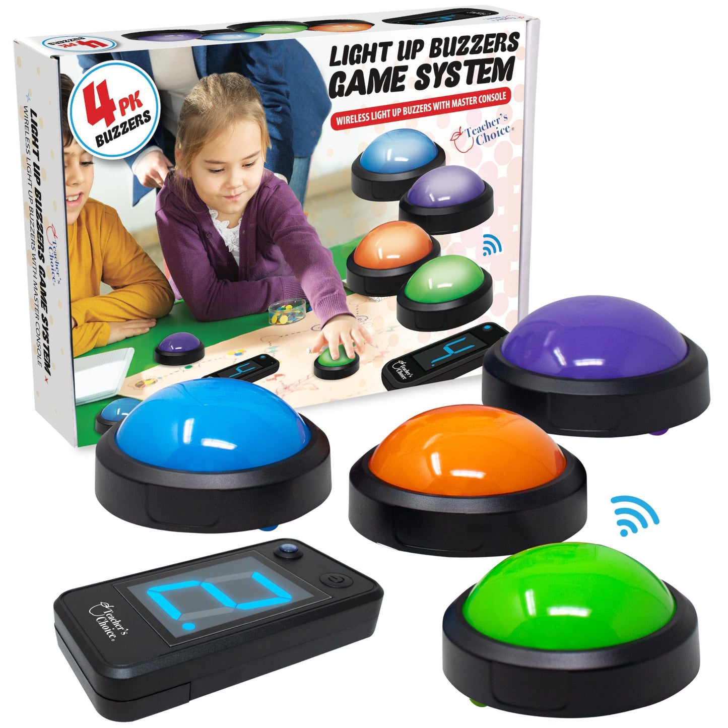 Teacher's Choice Wireless 4-Player Buzzer System – First Buzz Display, Lights & Sounds
