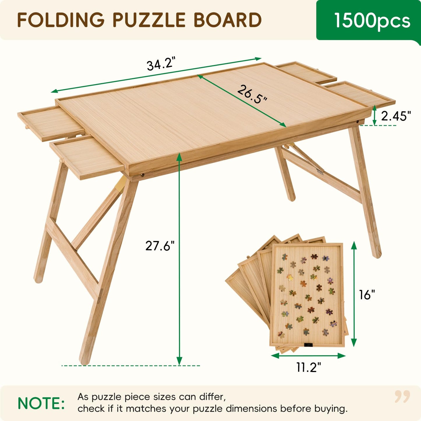TEAKMAMA 27.6in Tall 1500-Piece Puzzle Table with 4 Drawers – Large Wood Folding Puzzle Board