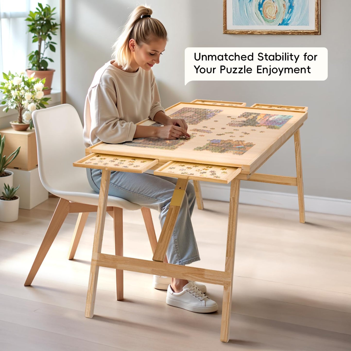TEAKMAMA 27.6-Inch Tall Puzzle Table with 4 Drawers – 41 x 28.5-Inch Large Wood Folding Puzzle Board with Cover
