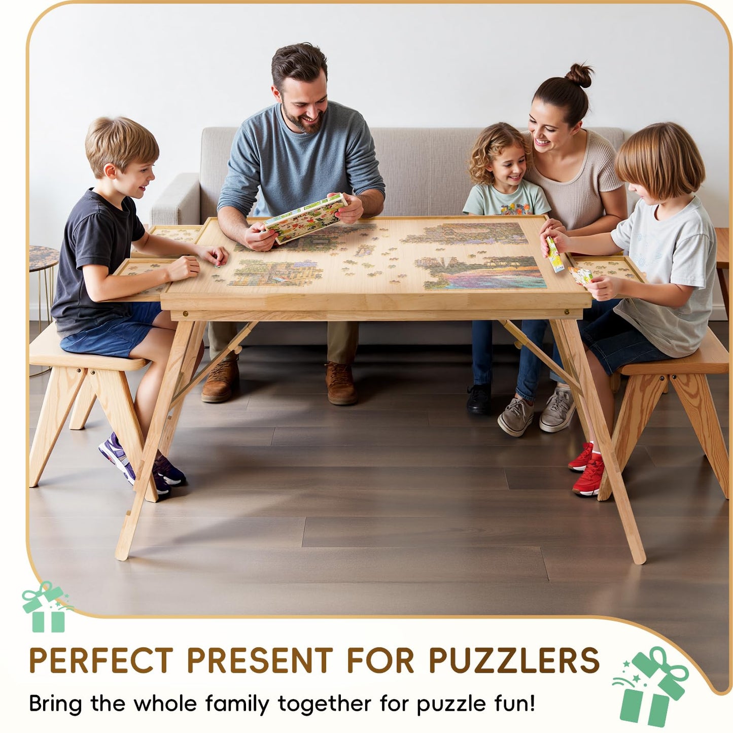 TEAKMAMA 27.6-Inch Tall Puzzle Table with 4 Drawers – 41 x 28.5-Inch Large Wood Folding Puzzle Board with Cover