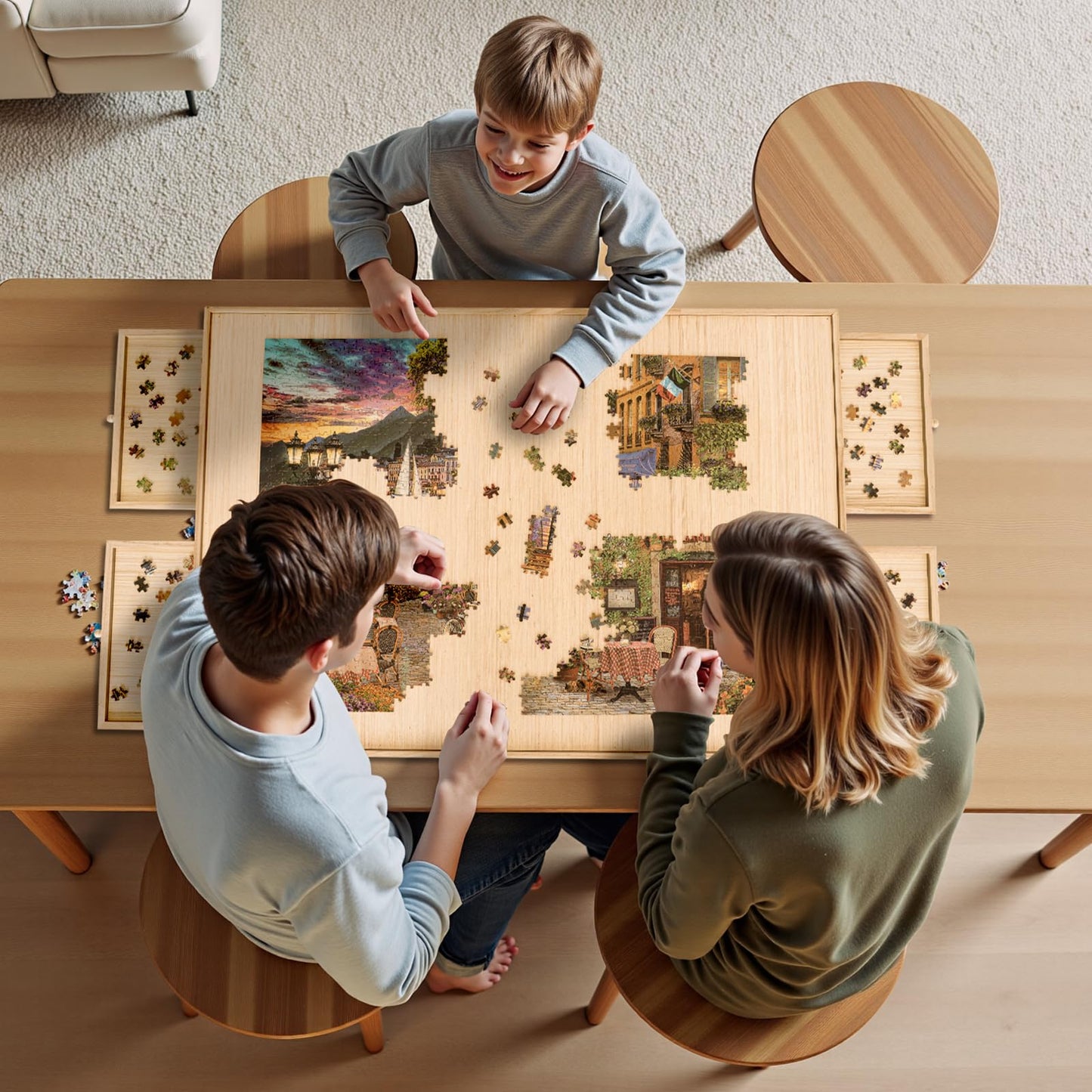TEAKMAMA 27.6-Inch Tall Puzzle Table with 4 Drawers – 41 x 28.5-Inch Large Wood Folding Puzzle Board with Cover