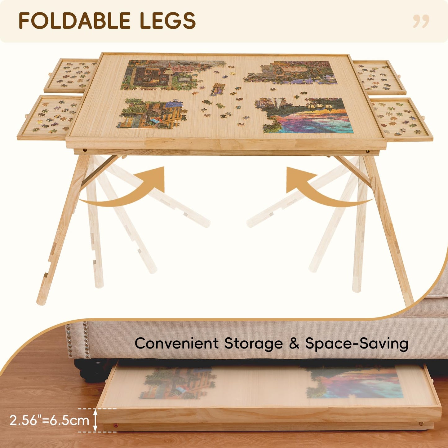 TEAKMAMA 27.6-Inch Tall Puzzle Table with 4 Drawers – 41 x 28.5-Inch Large Wood Folding Puzzle Board with Cover