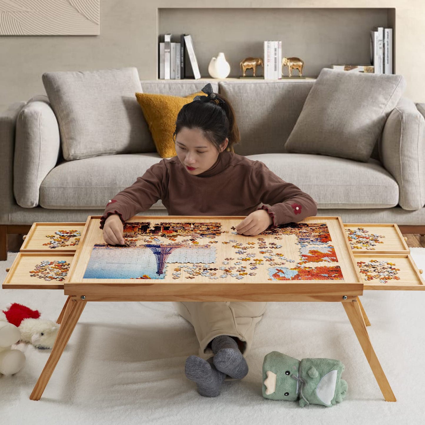 TEAKMAMA 1500-Piece Puzzle Table with 4 Drawers – Folding Wooden Puzzle Board, 34W x 26.3D, Natural
