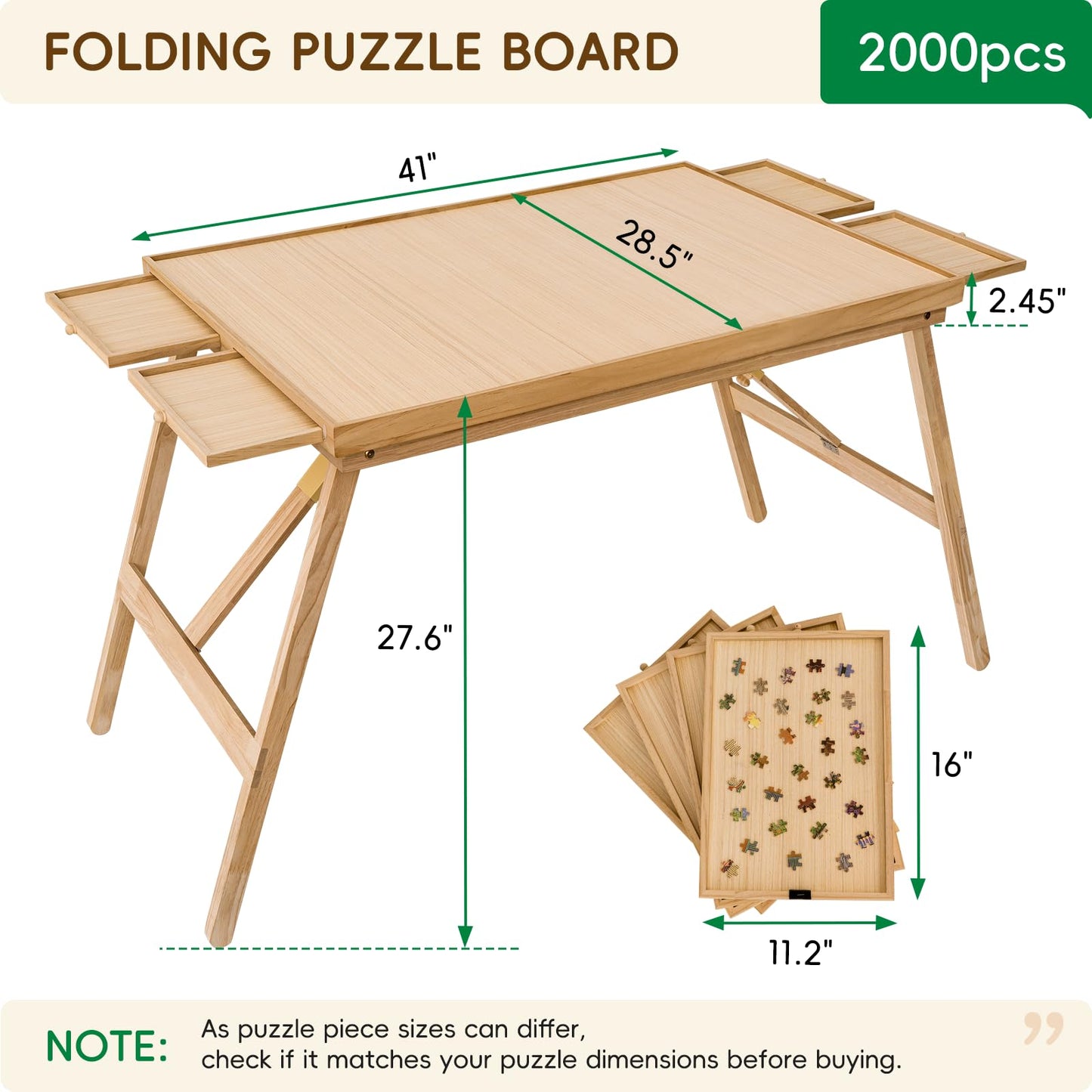 TEAKMAMA 27.6-Inch Tall Puzzle Table with 4 Drawers – 41 x 28.5-Inch Large Wood Folding Puzzle Board with Cover