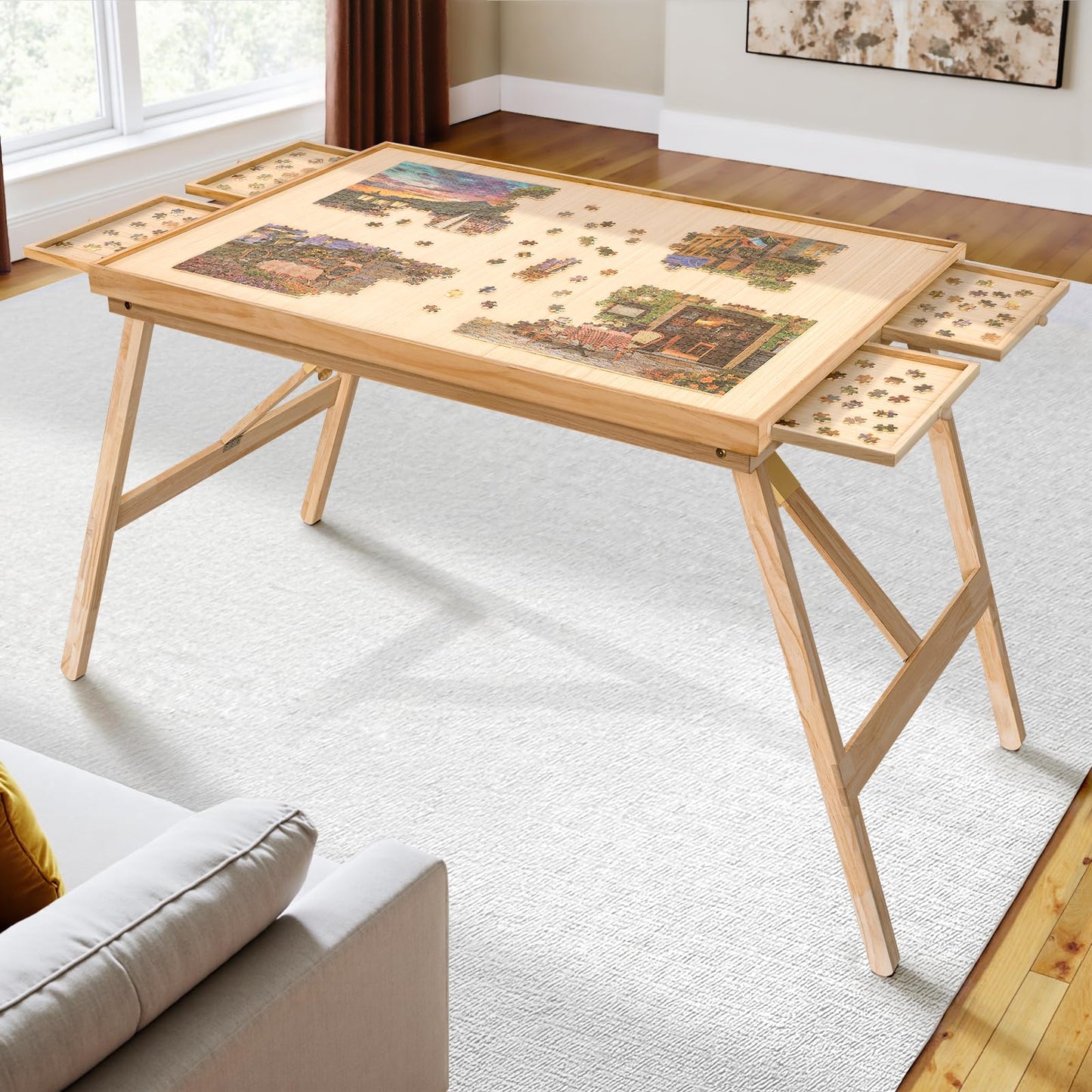 TEAKMAMA 27.6in Tall 1500-Piece Puzzle Table with 4 Drawers – Large Wood Folding Puzzle Board
