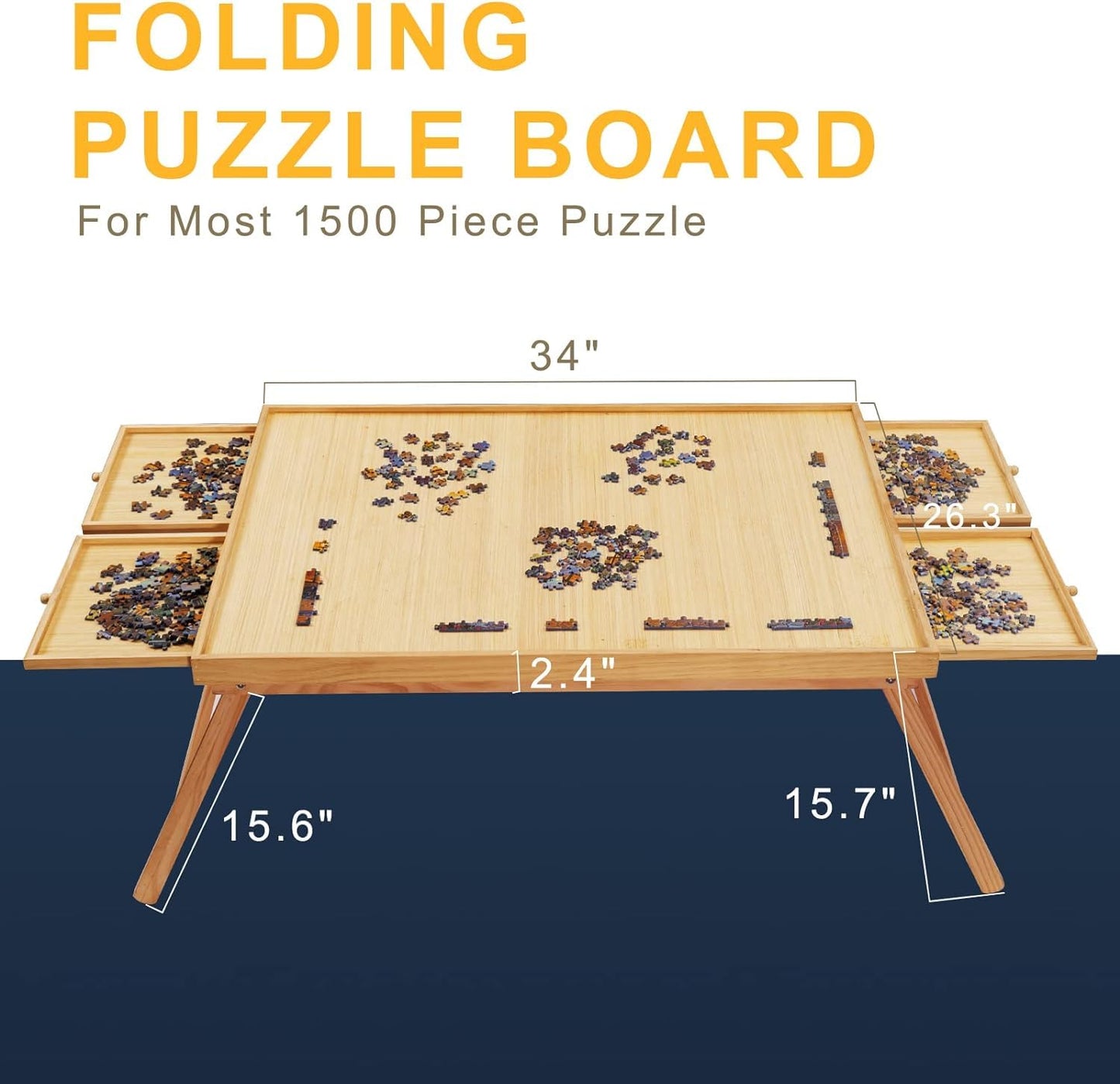 TEAKMAMA 1500-Piece Puzzle Table with 4 Drawers – Folding Wooden Puzzle Board, 34W x 26.3D, Natural