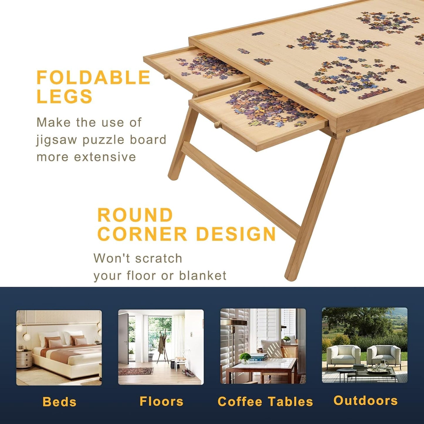TEAKMAMA 1500-Piece Puzzle Table with 4 Drawers – Folding Wooden Puzzle Board, 34W x 26.3D, Natural