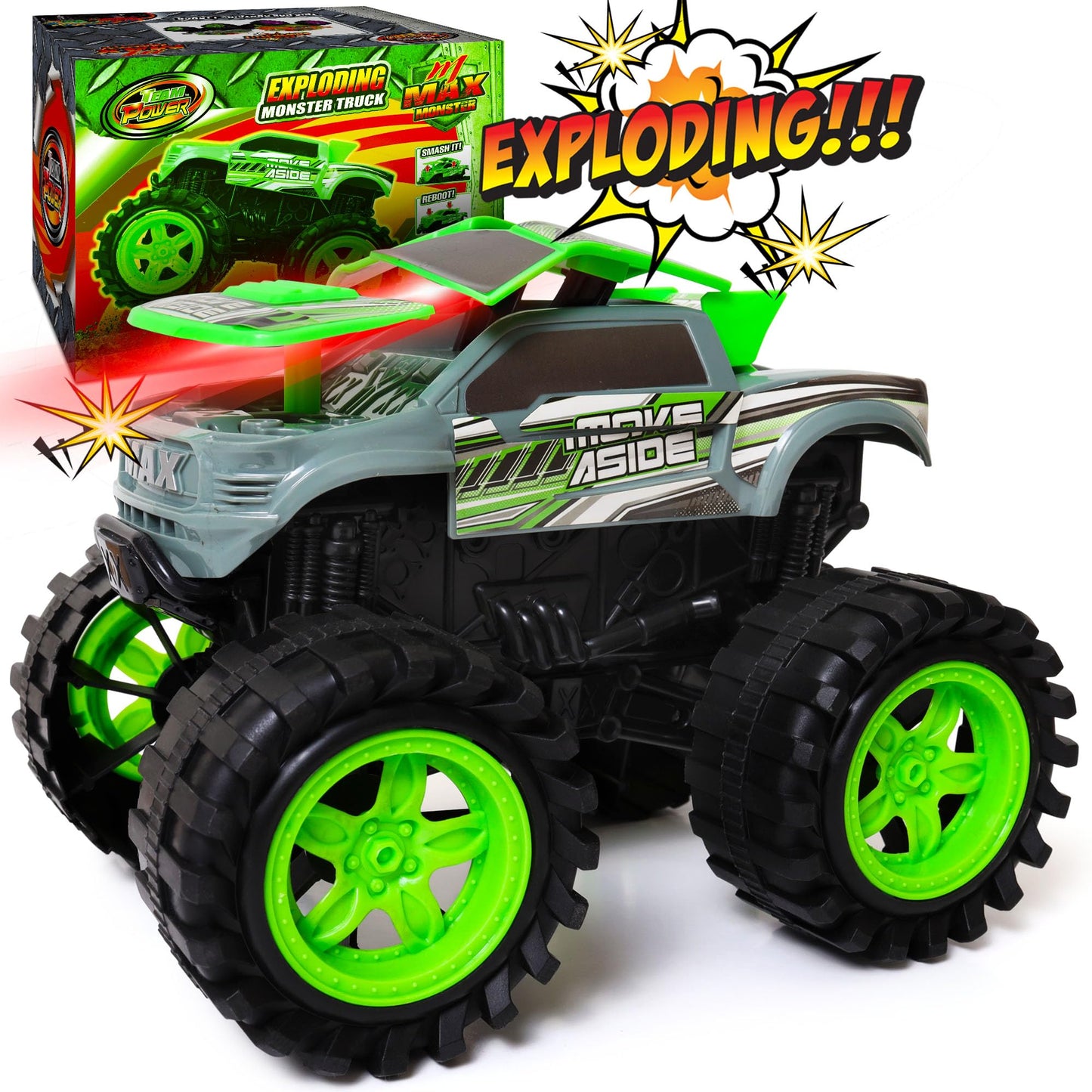 Team Power Exploding Monster Truck Toy - Crashes, Lights, Reboots, 8.7-Inch Gift