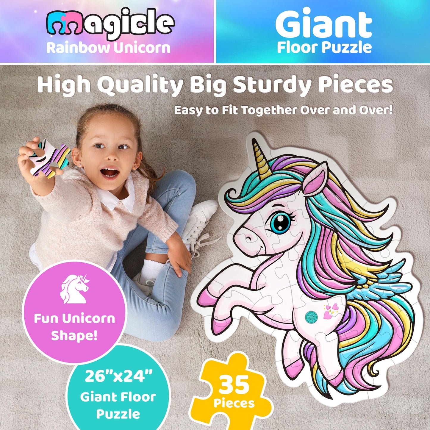 Team Power Music & Sound Unicorn Floor Puzzle – 35-Piece, Extra Thick (Ages 3-8)
