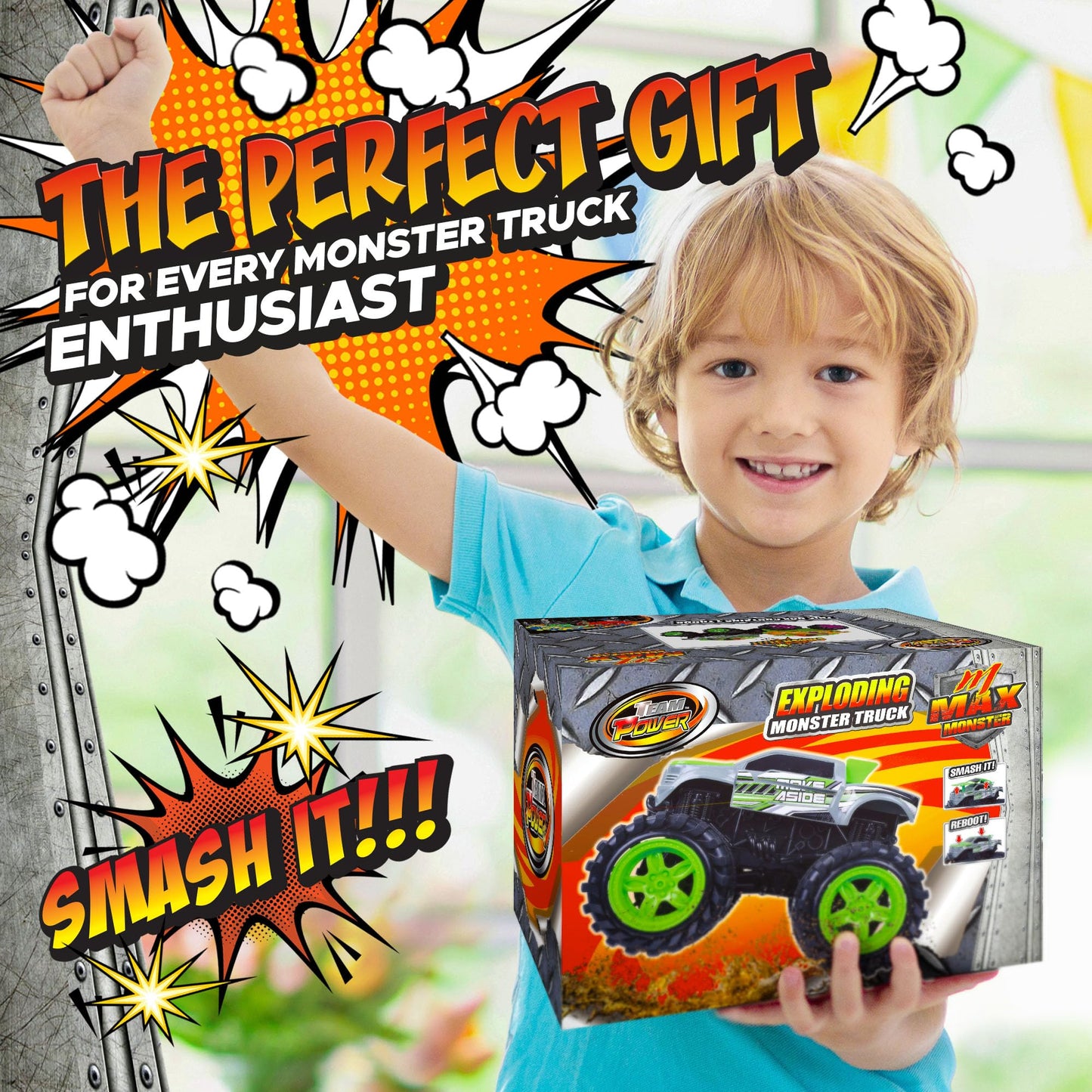 Team Power Exploding Monster Truck Toy - Crashes, Lights, Reboots, 8.7-Inch Gift