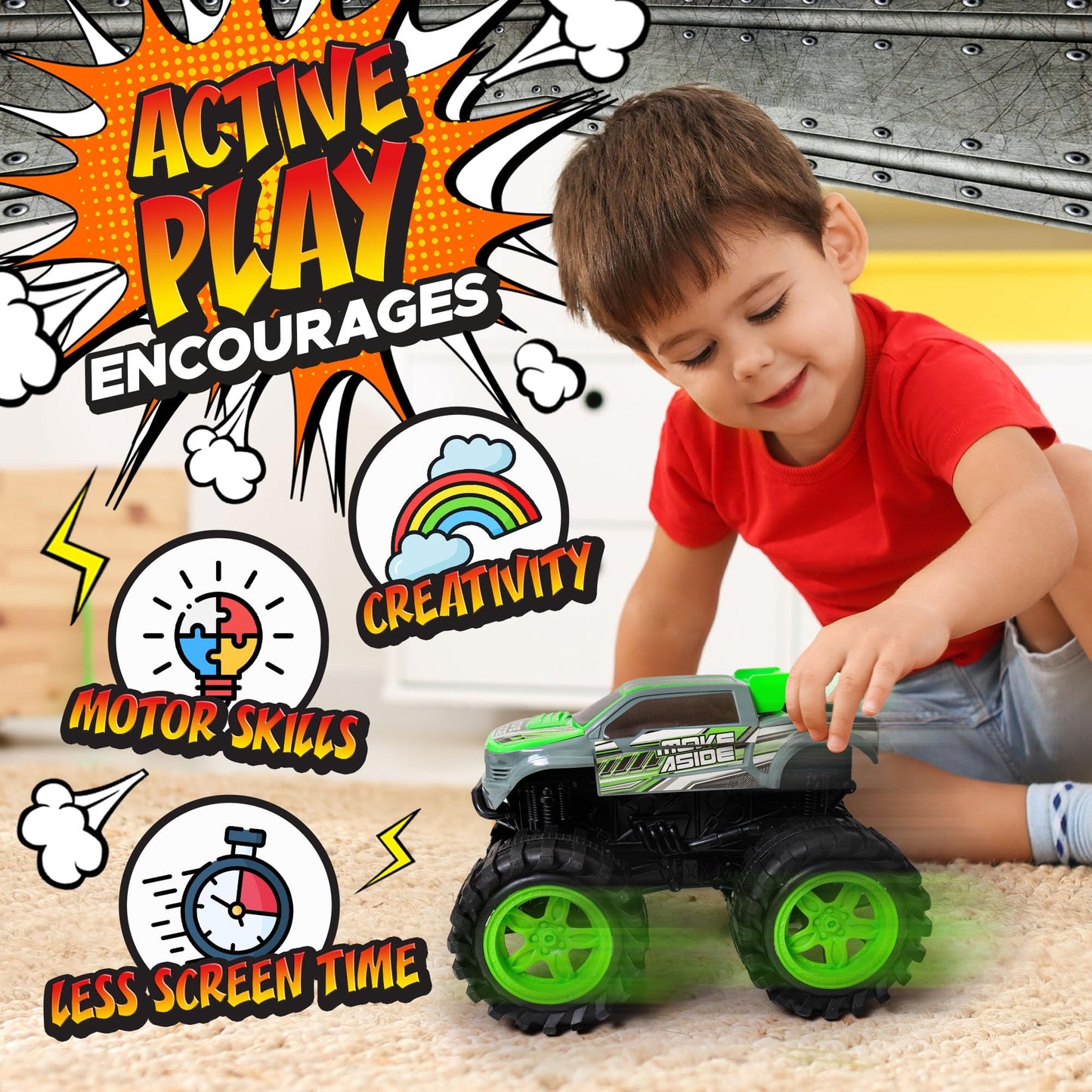 Team Power Exploding Monster Truck Toy - Crashes, Lights, Reboots, 8.7-Inch Gift