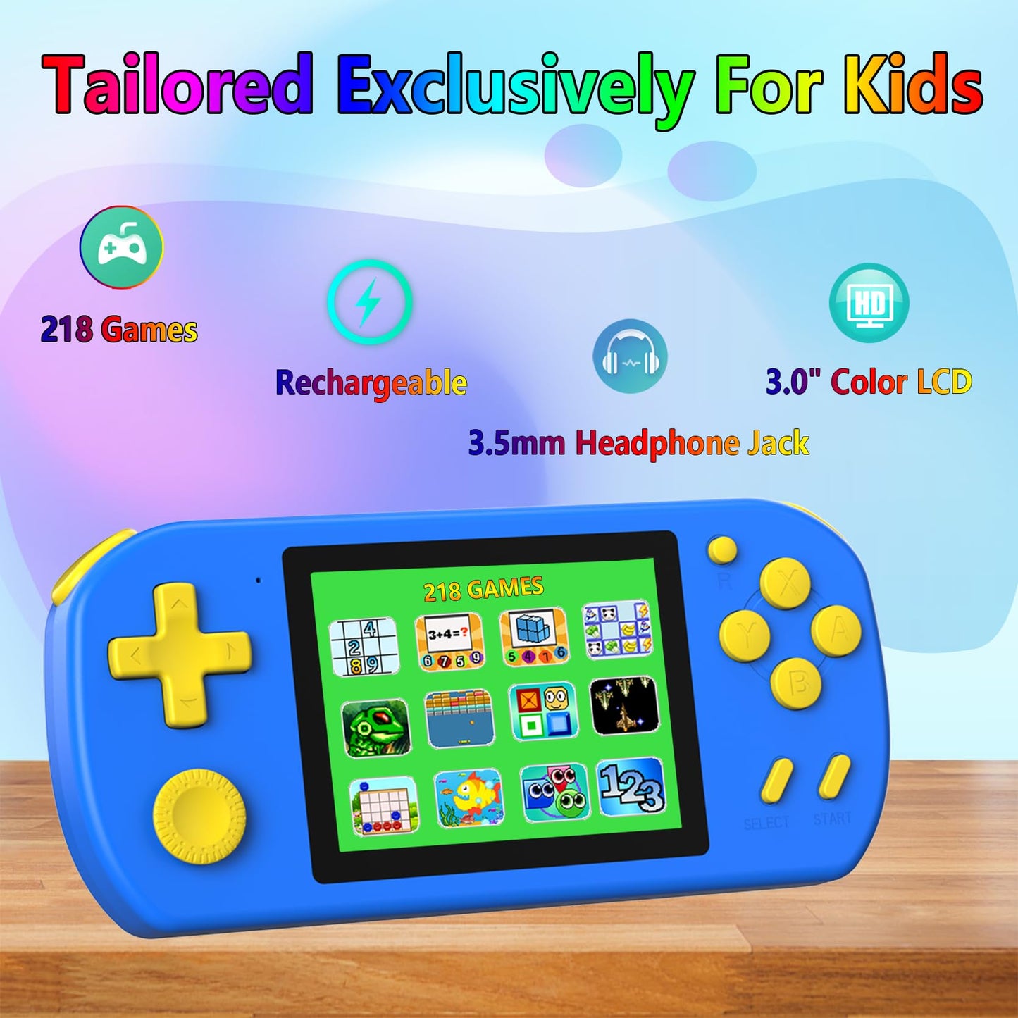 TEBIYOU Handheld Game Console — 218 Built-in Games, 3.0" HD Screen, Rechargeable Battery, Portable Kids Travel Toy (Blue)