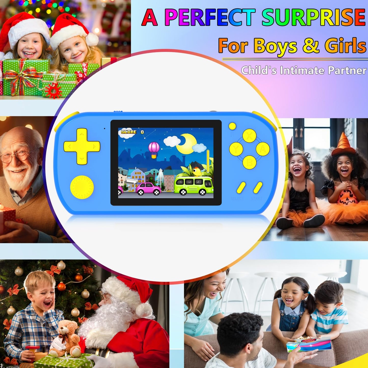 TEBIYOU Handheld Game Console — 218 Built-in Games, 3.0" HD Screen, Rechargeable Battery, Portable Kids Travel Toy (Blue)
