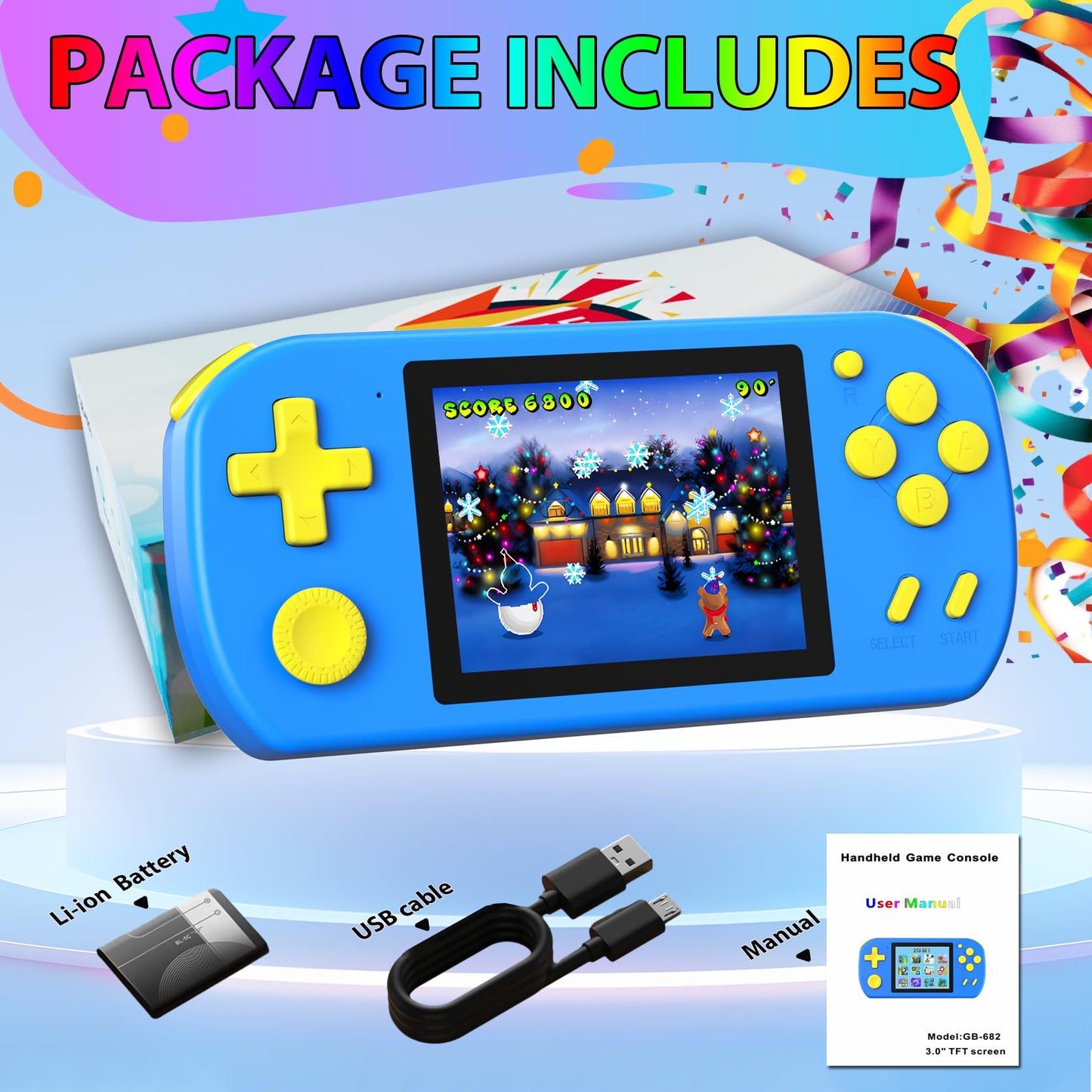 TEBIYOU Handheld Game Console — 218 Built-in Games, 3.0" HD Screen, Rechargeable Battery, Portable Kids Travel Toy (Blue)