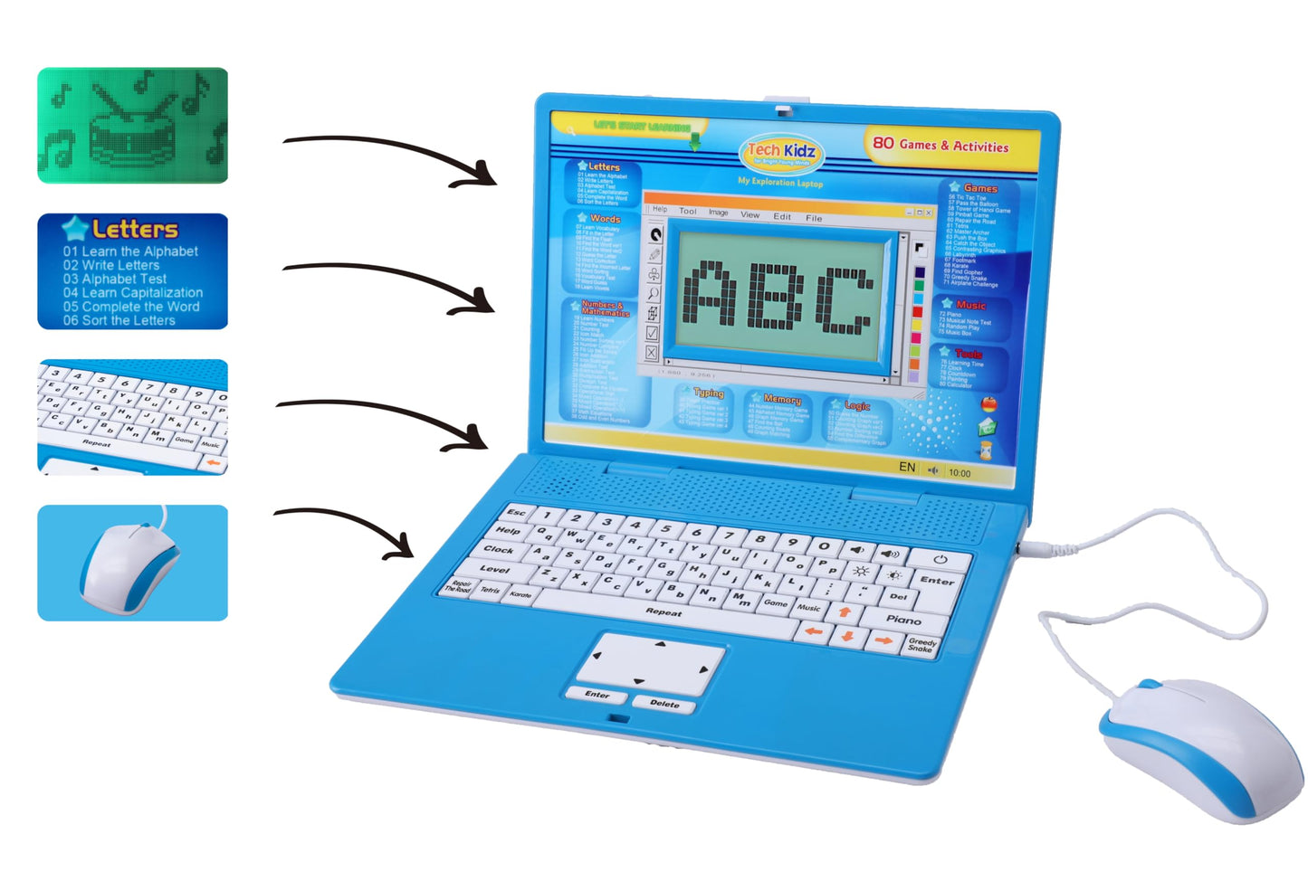 Tech Kidz STEM Toy Laptop – 80 Learning Activities for Math, Words & Logic | LCD Backlit Screen + Mouse | Ages 4+
