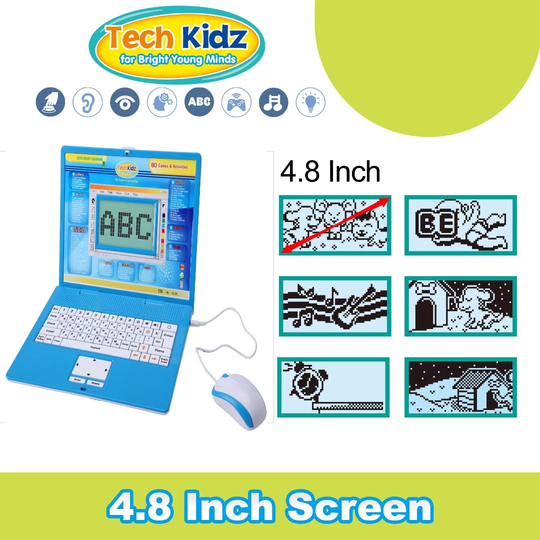 Tech Kidz STEM Toy Laptop – 80 Learning Activities for Math, Words & Logic | LCD Backlit Screen + Mouse | Ages 4+