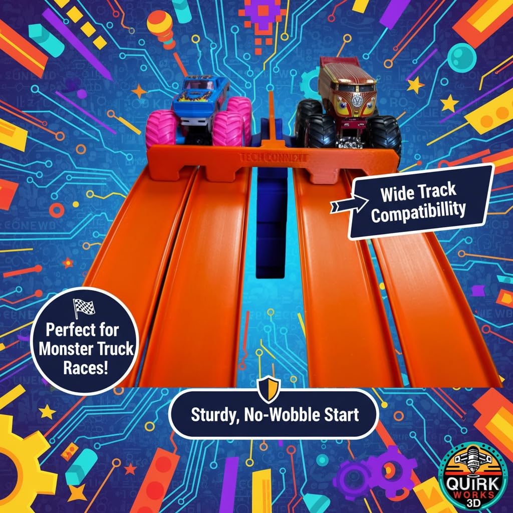 TechConnext Monster Truck Track Clamp with 4-Lane Start Gate — Made in USA, Eco PLA, Blue/Orange